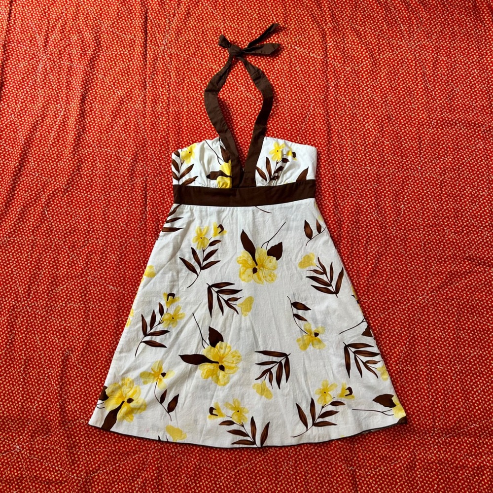 Speechless 2000s Floral Halter Dress White Brown Yellow Size 7 Mini